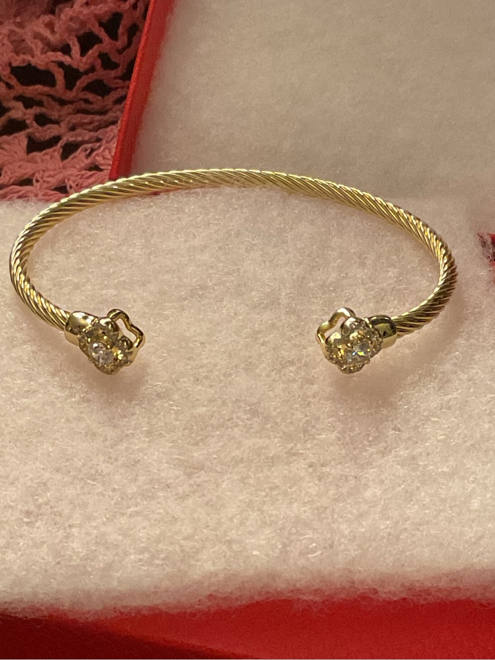 Gold Open Cable Cuff Bracelet with Clear Stone Ends